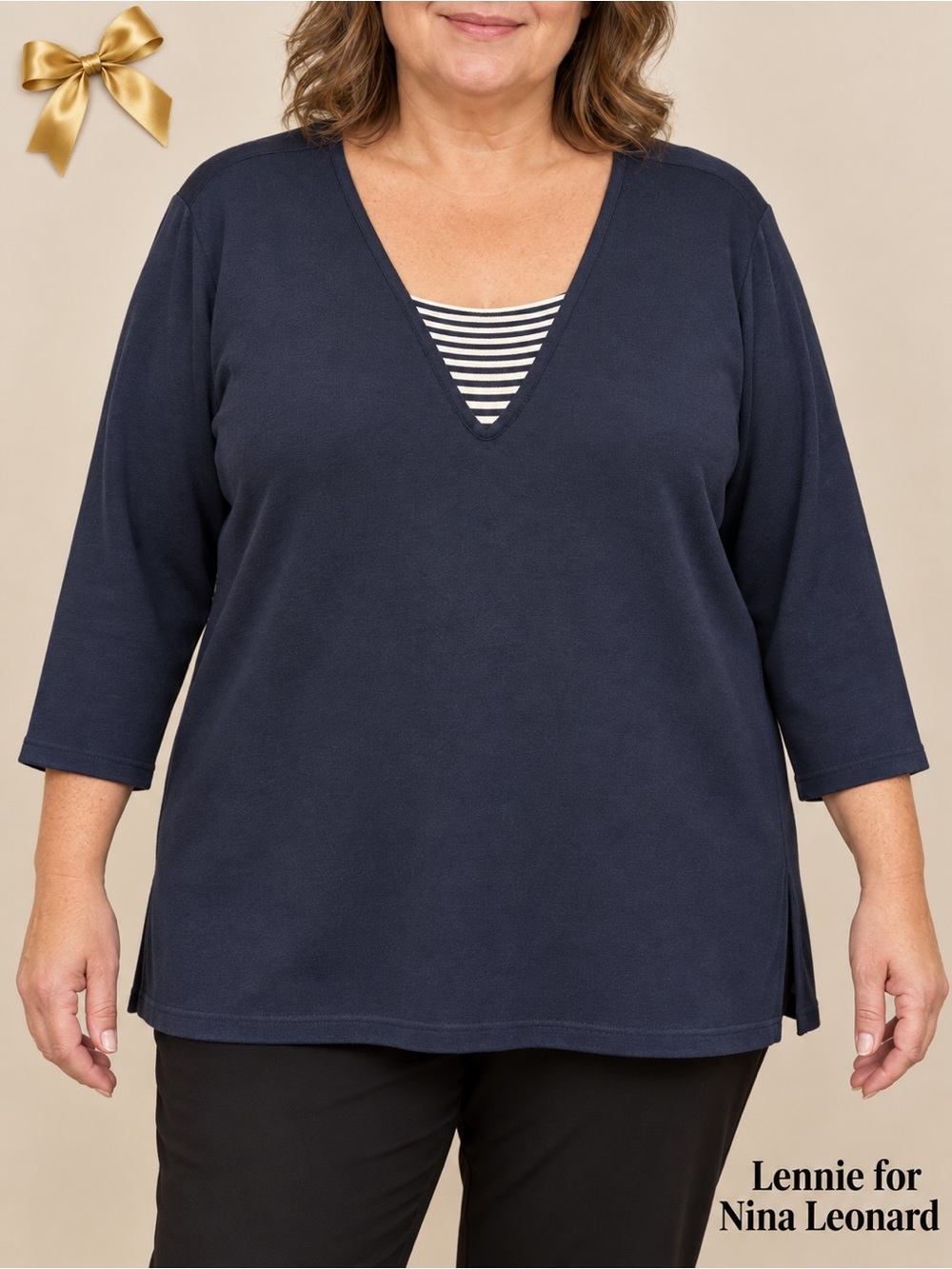 Lennie For Nina Leonard Navy V-Neck Knit Top Striped Inset 2X Nautical